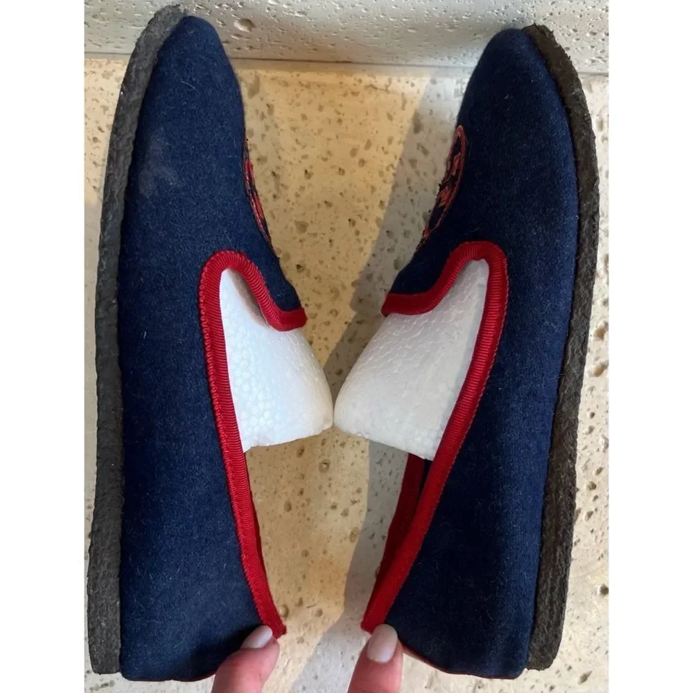 TORY BURCH Navy Blue Billy Logo Wool felt slippers Slip on Loafers Women's Sz 5
